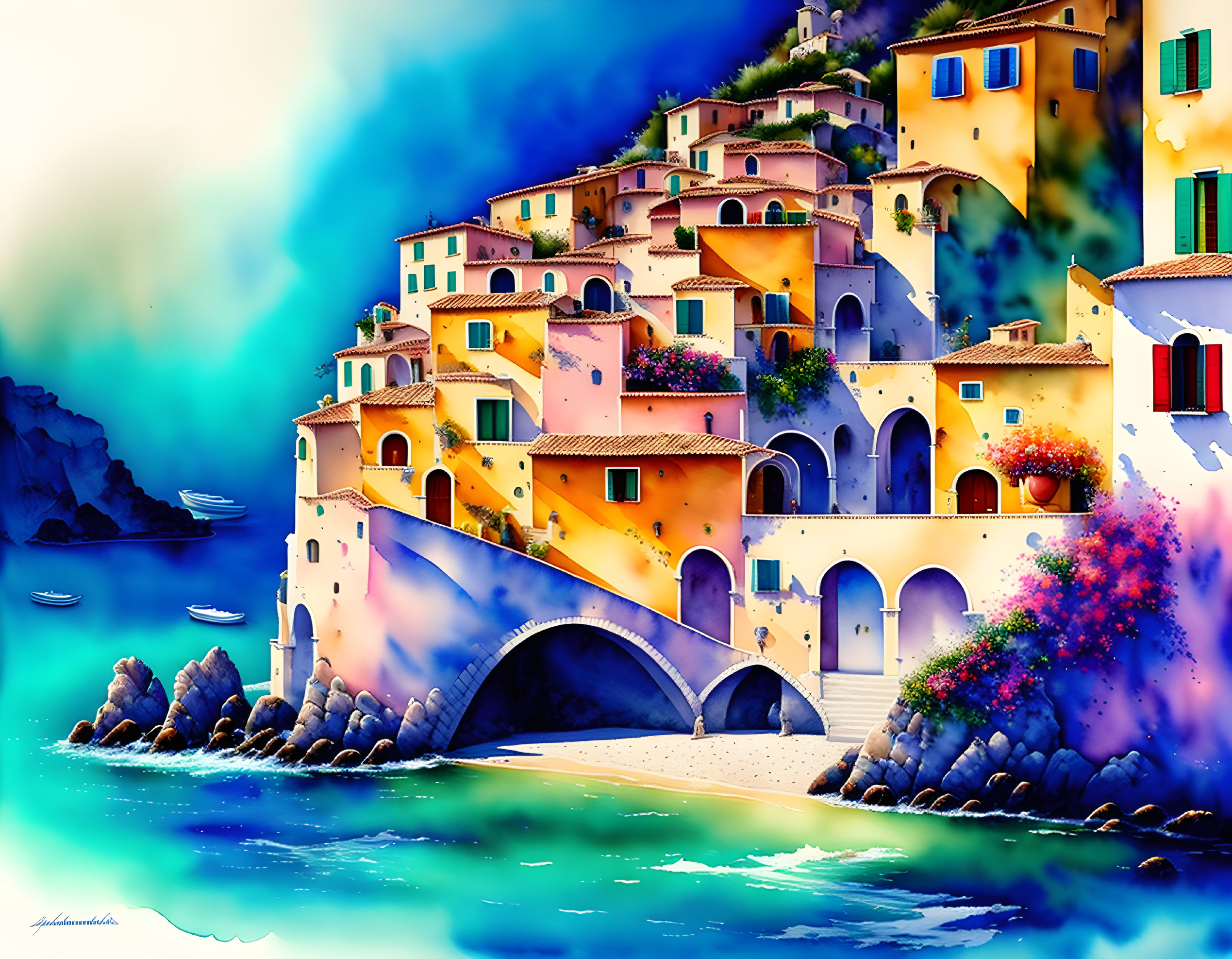 Colorful Mediterranean village by the sea with pastel houses and blooming flowers