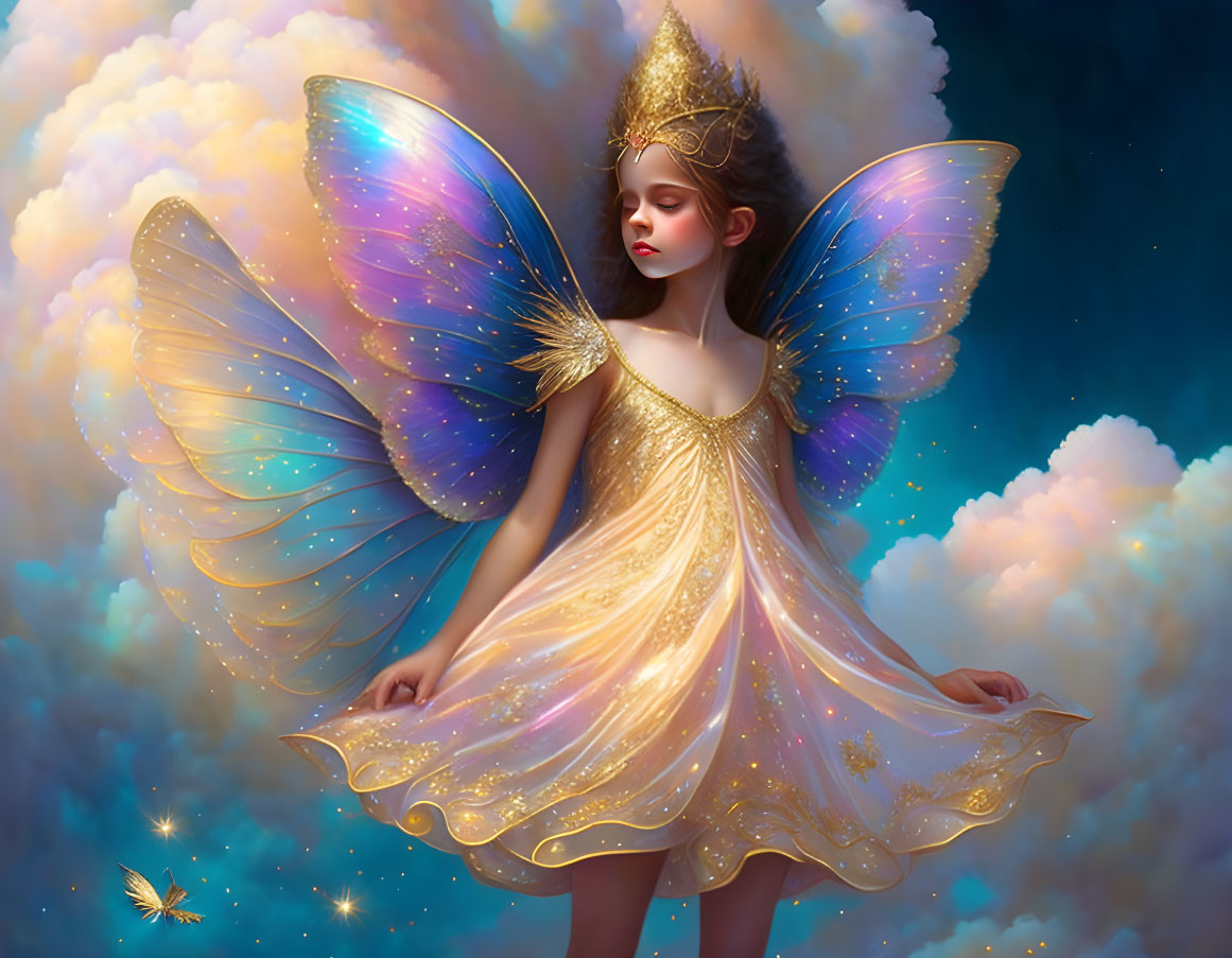 Young girl with ethereal wings and golden dress in dreamlike setting