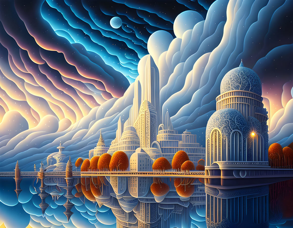 Fantastical Eastern-inspired cityscape under starry sky