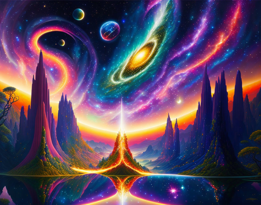 Colorful cosmic landscape with galaxies, planets, and alien mountains