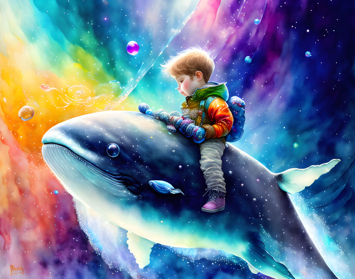 Child riding cosmic whale in vibrant star-filled space