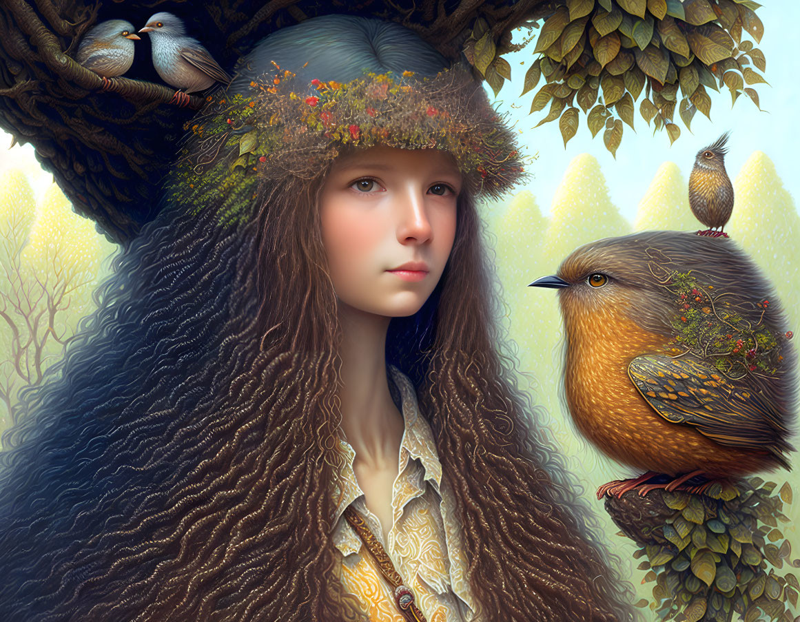 Digital artwork featuring woman with integrated birds and foliage