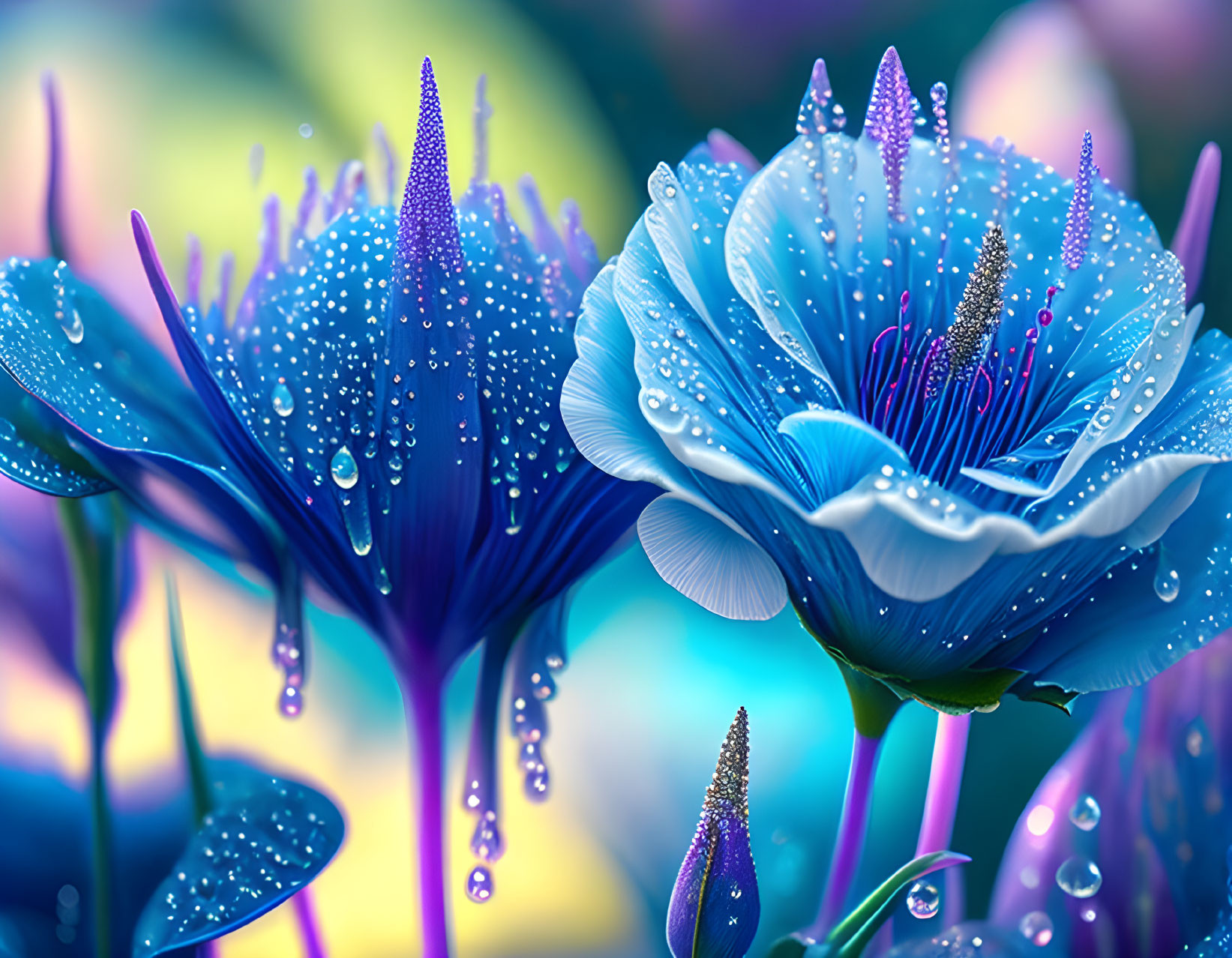 Bright Blue Flowers with Water Droplets on Petals in Colorful Background