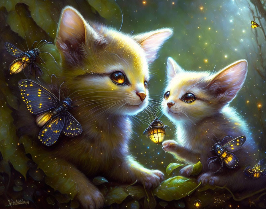 Whimsical kittens with glowing butterflies and lantern in magical scene