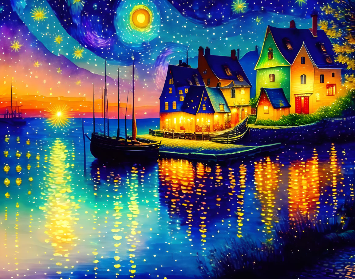 Colorful artwork of whimsical evening scene with starry skies, river, houses, and sailboat