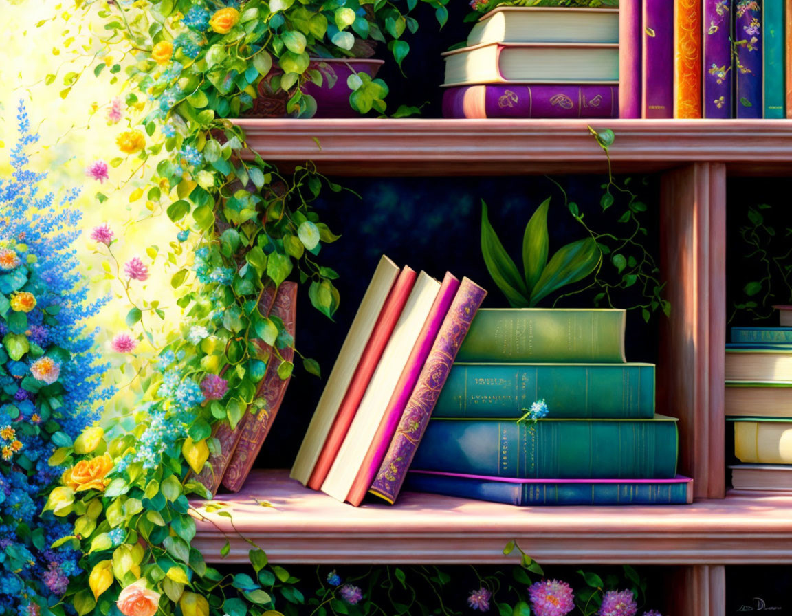 Colorful Books on Wooden Bookshelf with Blooming Flowers and Foliage