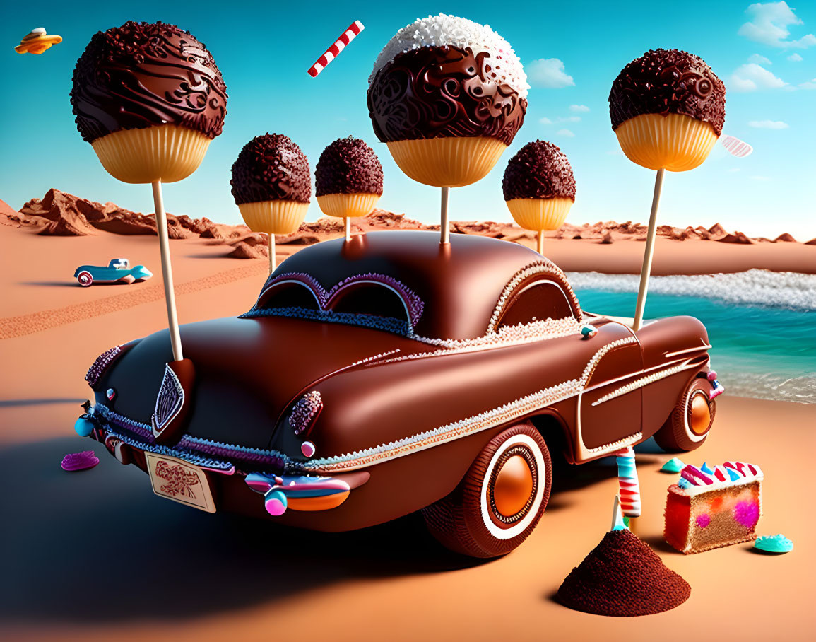 Vintage car and cake pops in sandy landscape with slice of cake and candies.