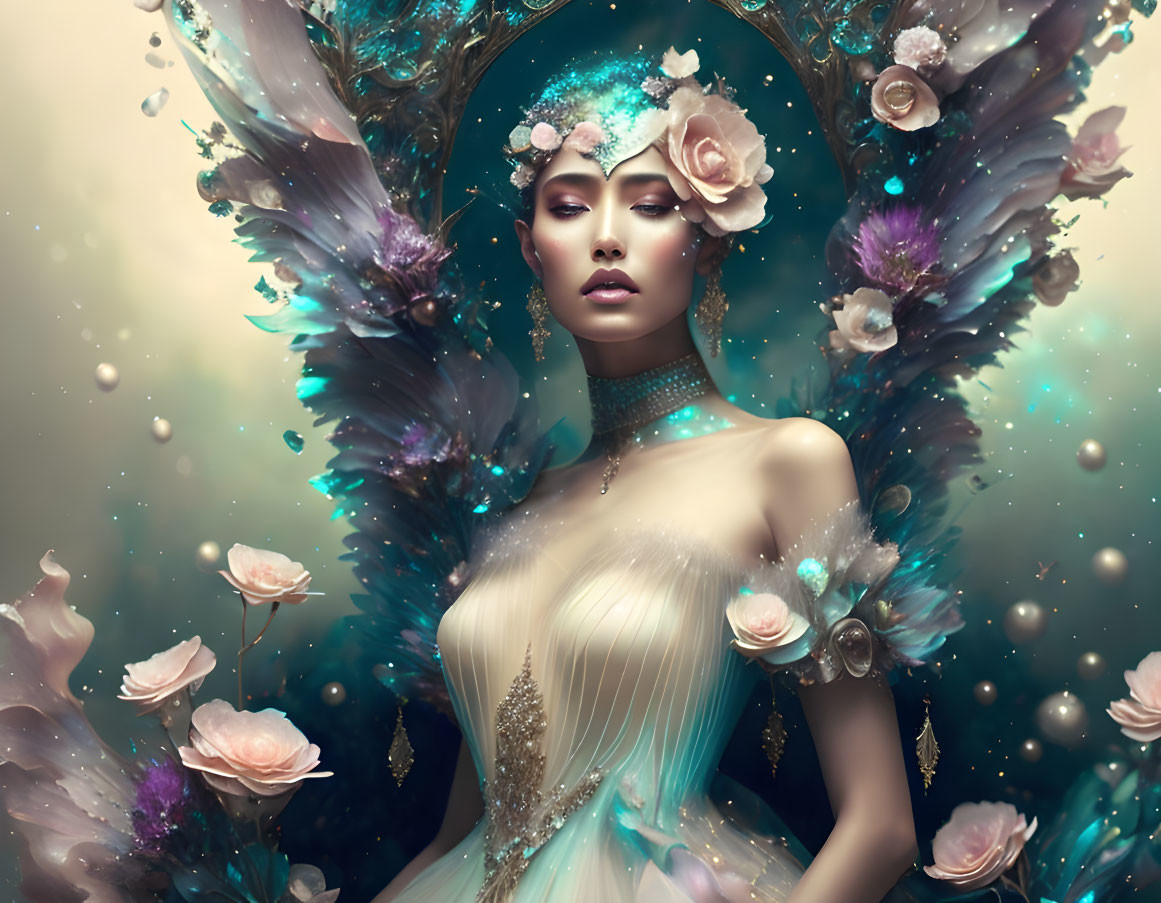 Mystical woman with turquoise headpiece, roses, and peacocks in fantasy setting