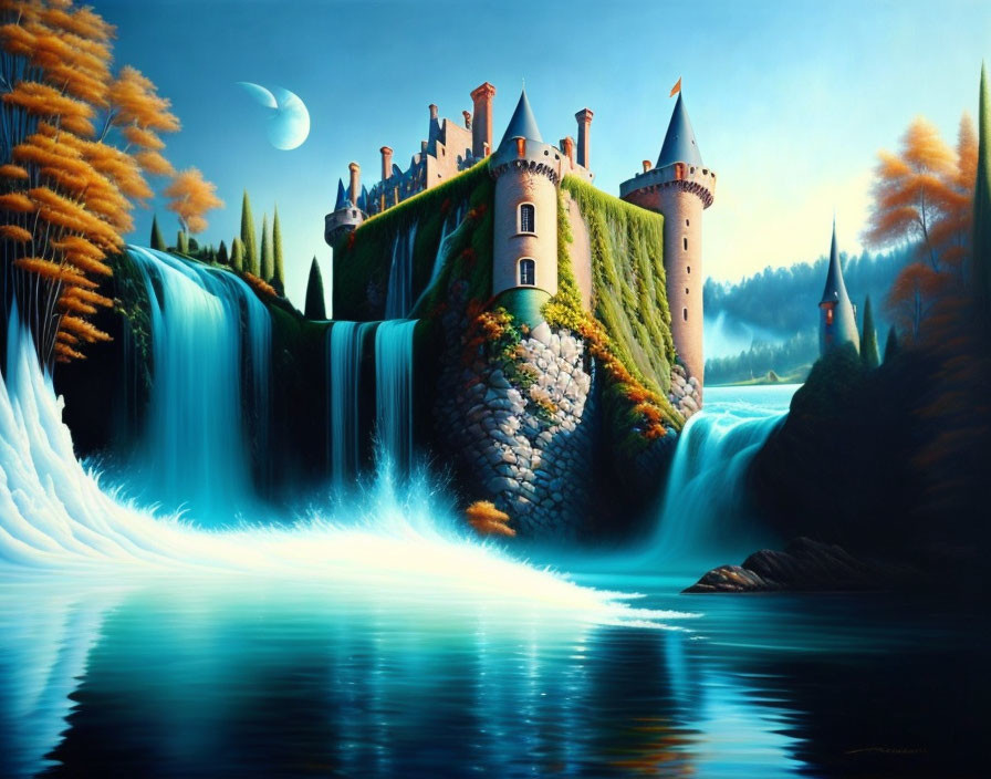 Fantasy castle on waterfall with moon and planet in sky