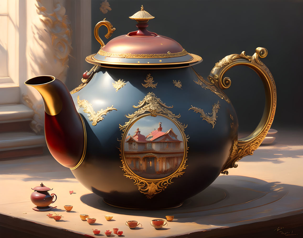 Landscape Painting Teapot with Golden Accents and Tiny Cup