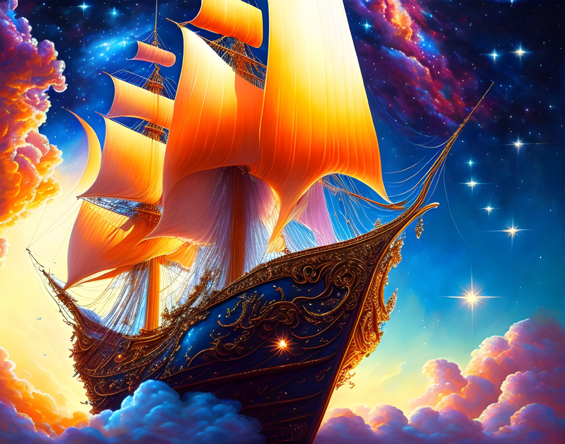 Golden sailboat sailing through starry sky above orange clouds