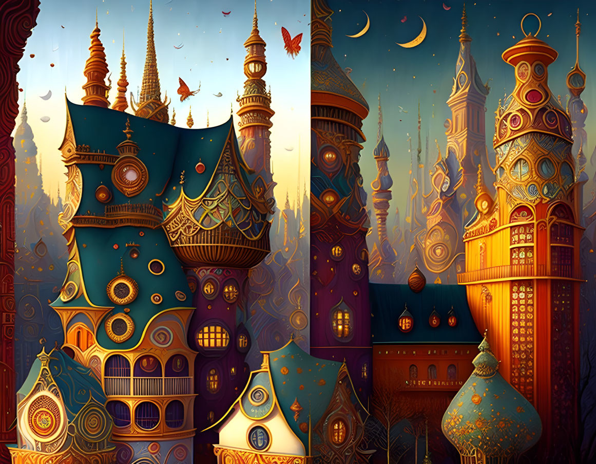 Colorful Fantasy Cityscape with Crescent Moons and Stars