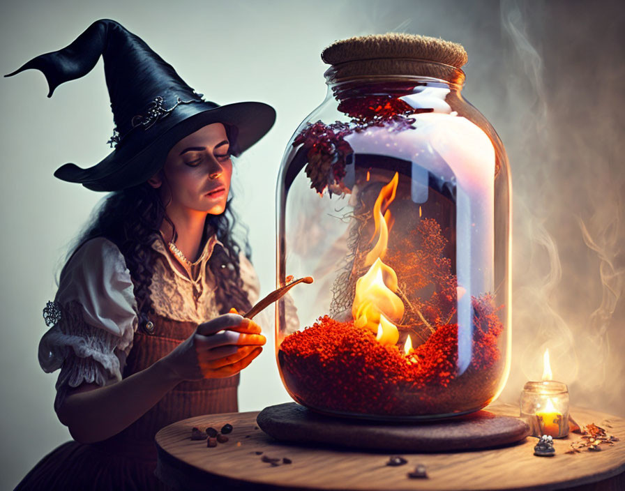 Woman in Witch Hat Stirring Fiery Potion with Mystical Smoke