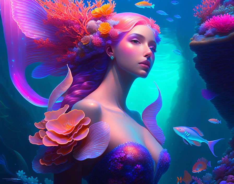 Colorful Coral Mermaid Surrounded by Fish in Vibrant Underwater Scene