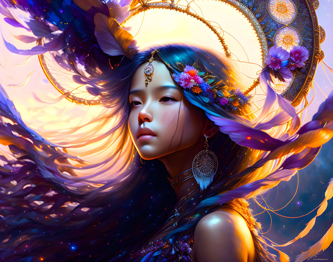 Mystical woman with flowing hair and halo in celestial setting