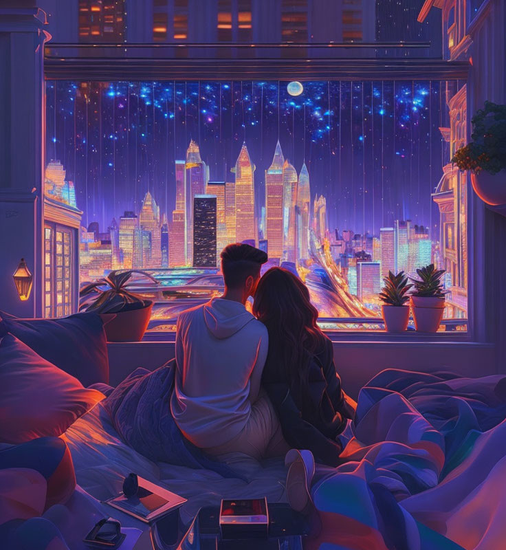 Couple cuddled up enjoying nighttime cityscape from cozy room