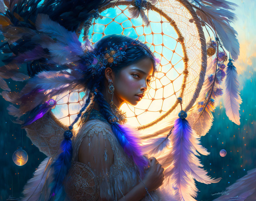 Mystical woman with ornate wings beside dreamcatcher in ethereal light