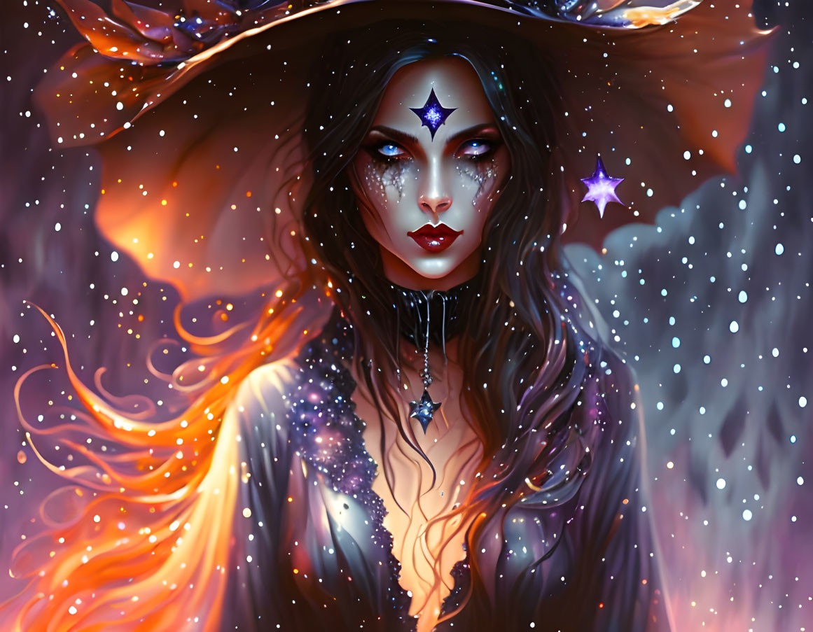 Galaxy-inspired makeup on mystical woman in celestial-themed attire