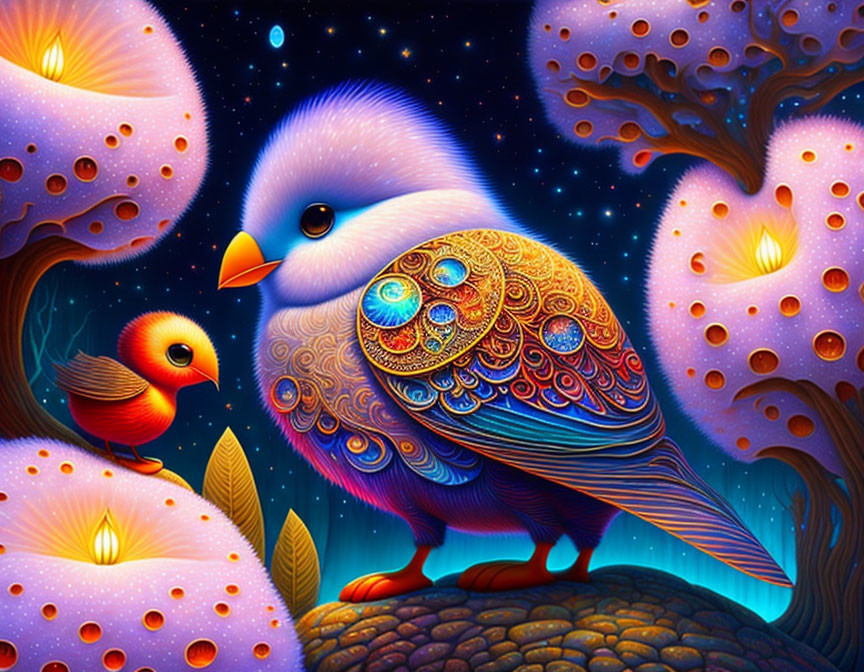 Colorful bird illustrations with intricate patterns in a fantasy setting.