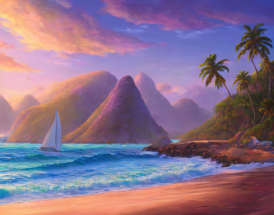 Tranquil tropical seascape at sunset with sailboat, islands, and palm trees