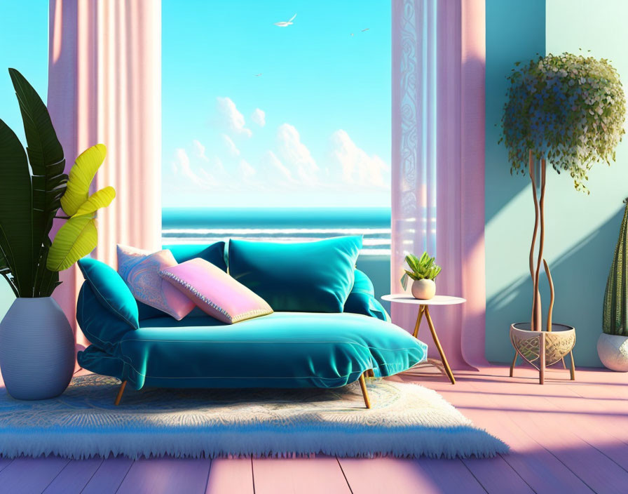 Brightly colored room with blue sofa, pink walls, green plants, and beach view.