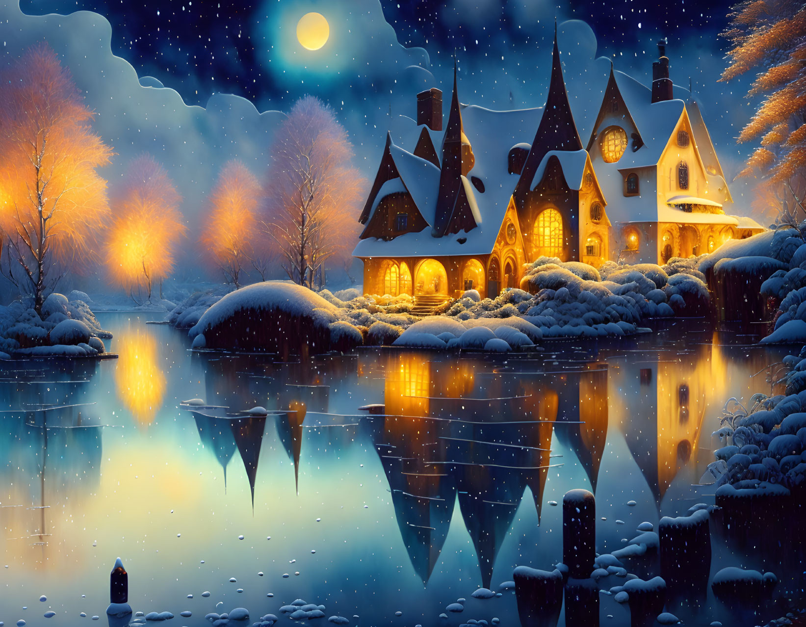 Winter night scene: illuminated cottage, snowy trees, starlit sky