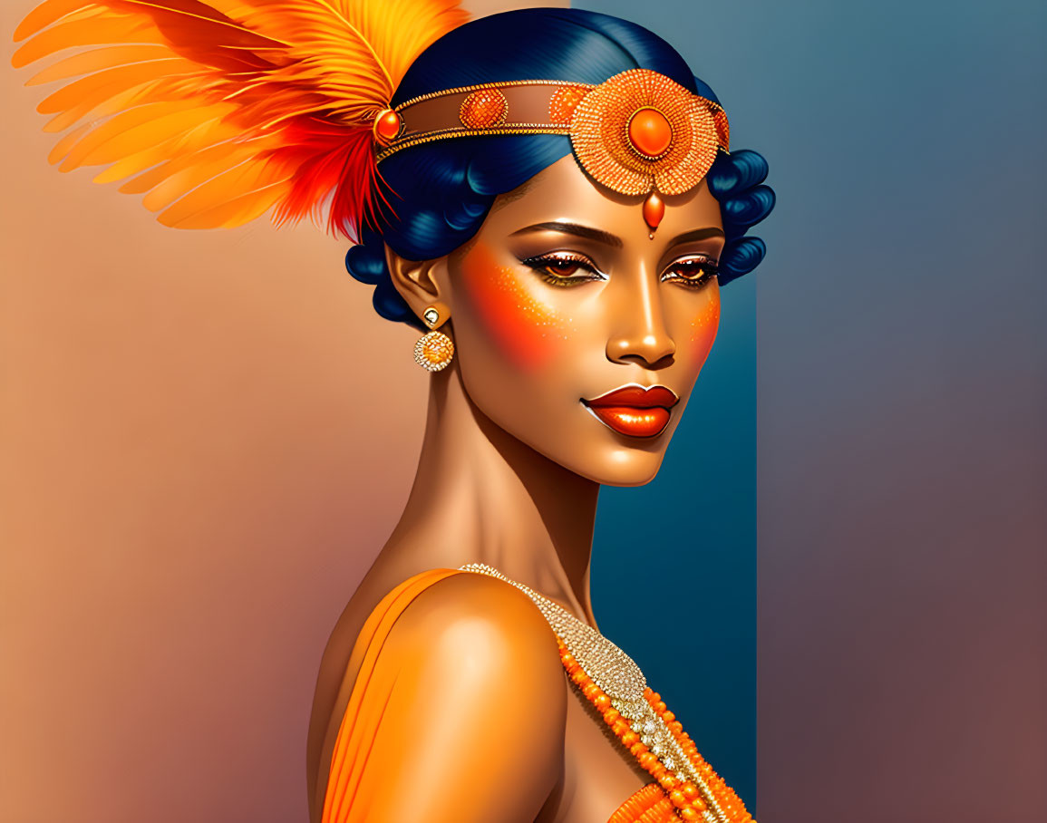 Woman with Striking Makeup and Ornate Headpiece on Gradient Background