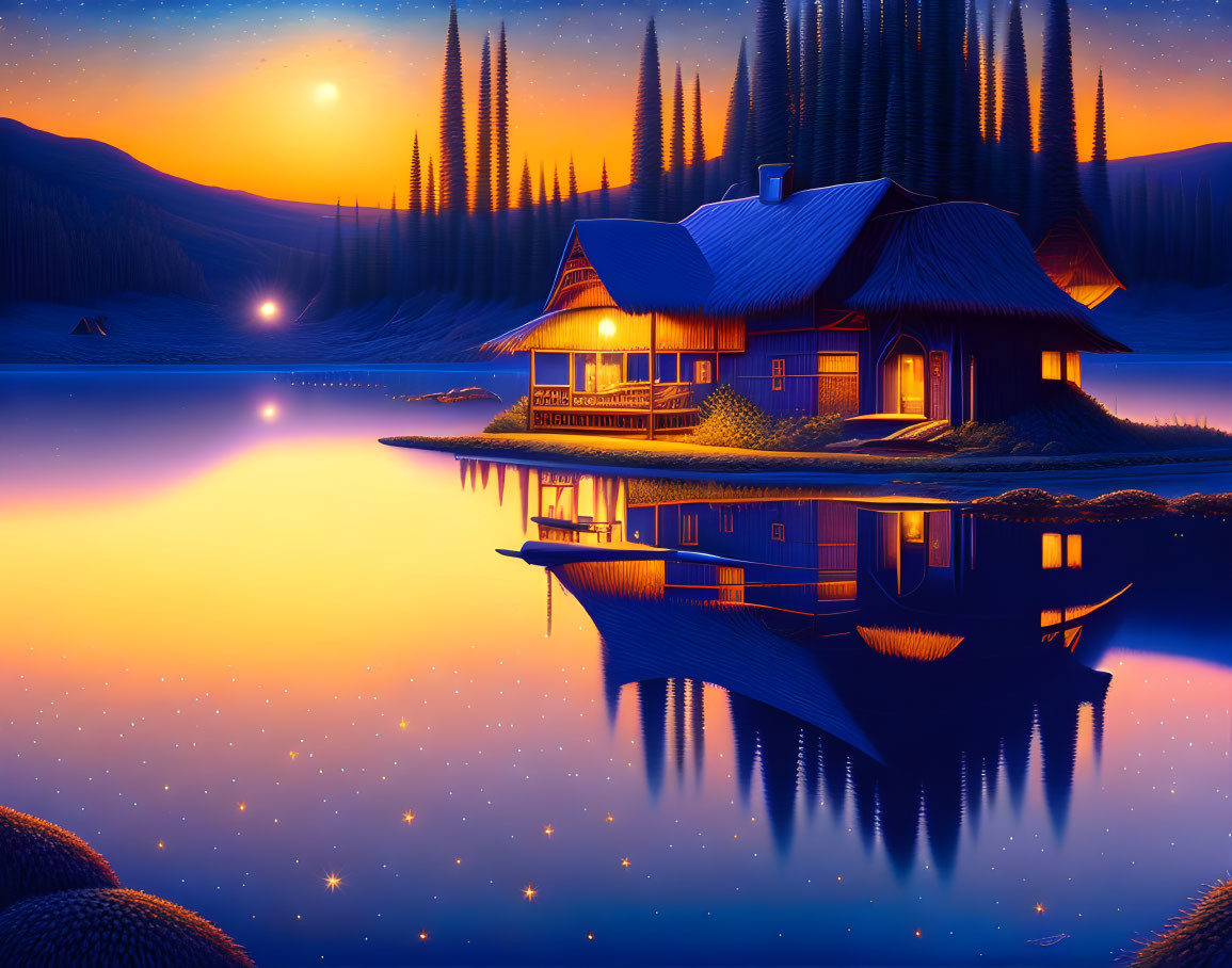 Tranquil dusk scene: cottage by illuminated lake, reflecting pine forest under starry sky.