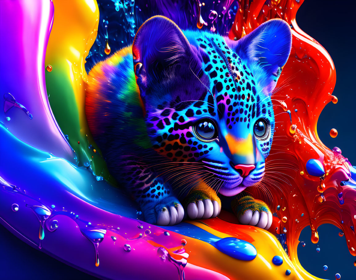 Colorful Digital Art: Neon Blue Leopard Cub in Rainbow Paint