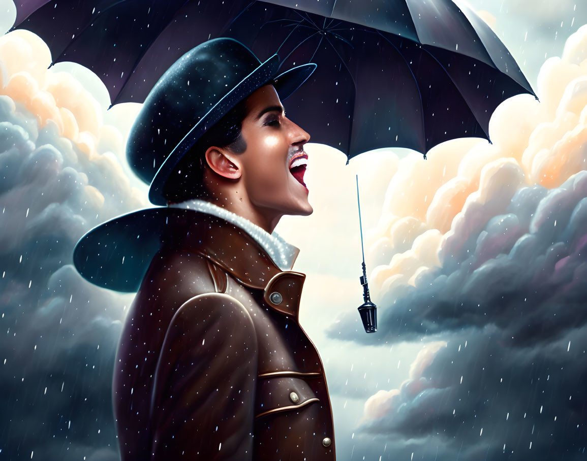 Person in coat and hat smiling in rain with umbrella under dramatic clouds