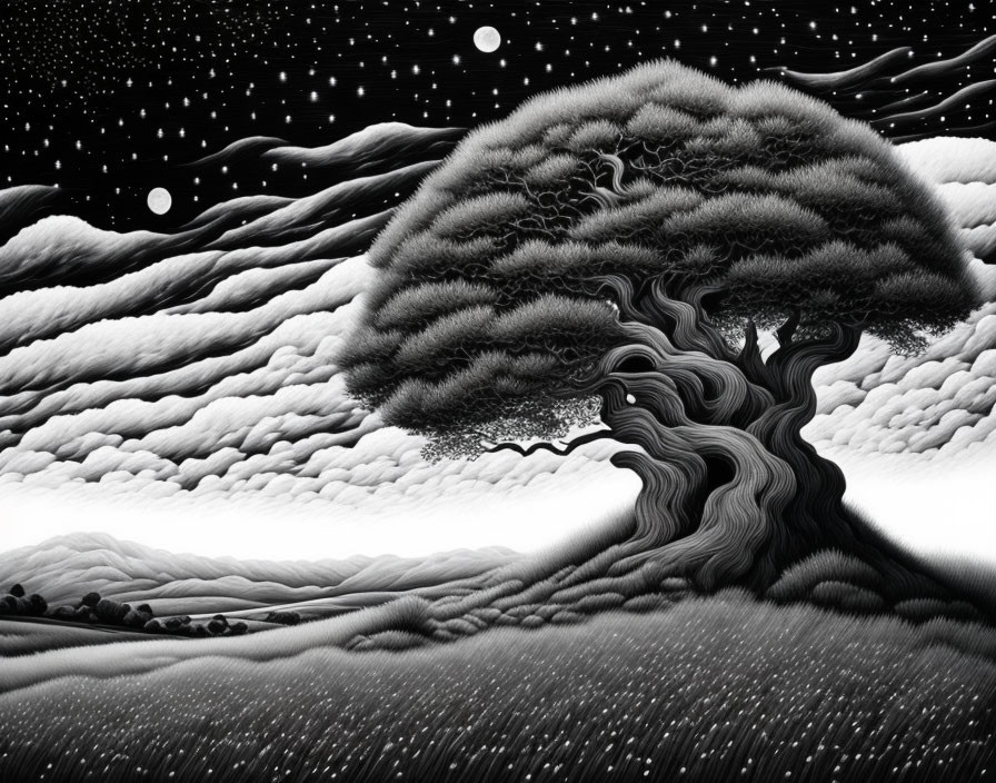 Monochromatic stylized tree against swirling sky patterns