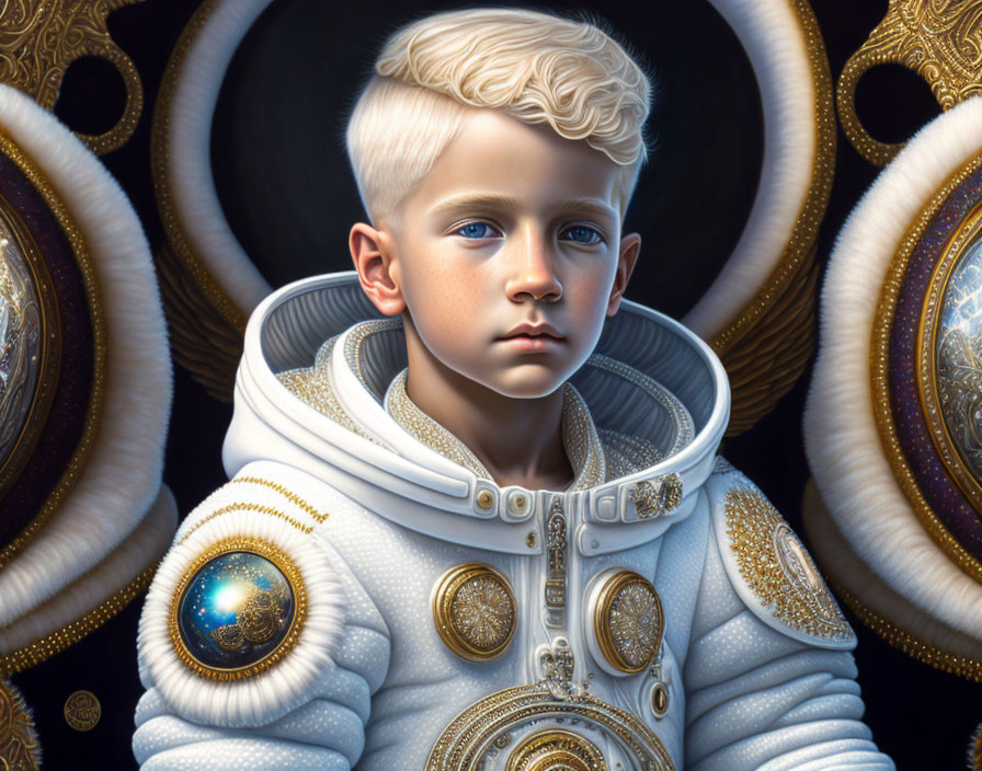 Young boy in platinum blonde hair in ornate white space suit