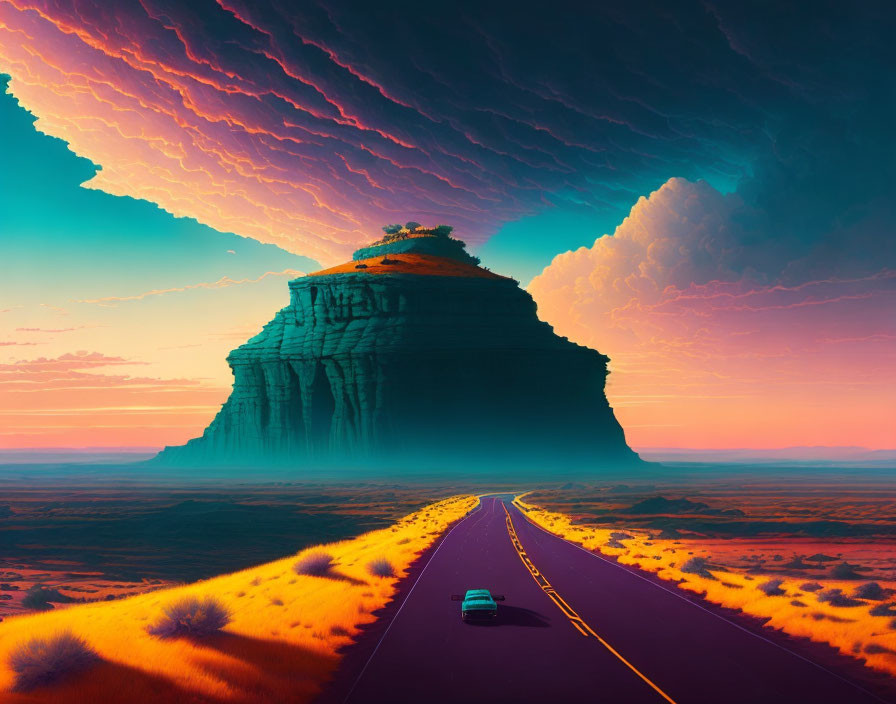 Vehicle drives towards large mesa under dramatic sunset sky