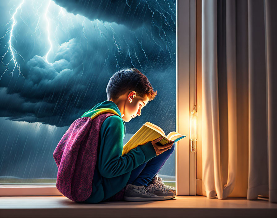 Child reading book on windowsill during storm with lightning