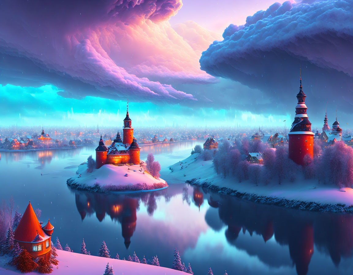 Surreal winter landscape: illuminated castles, snow-covered trees, purple sky