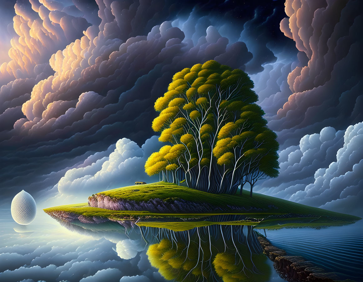 Surreal landscape with vibrant tree on floating island, mirrored in water, surrounded by majestic clouds,