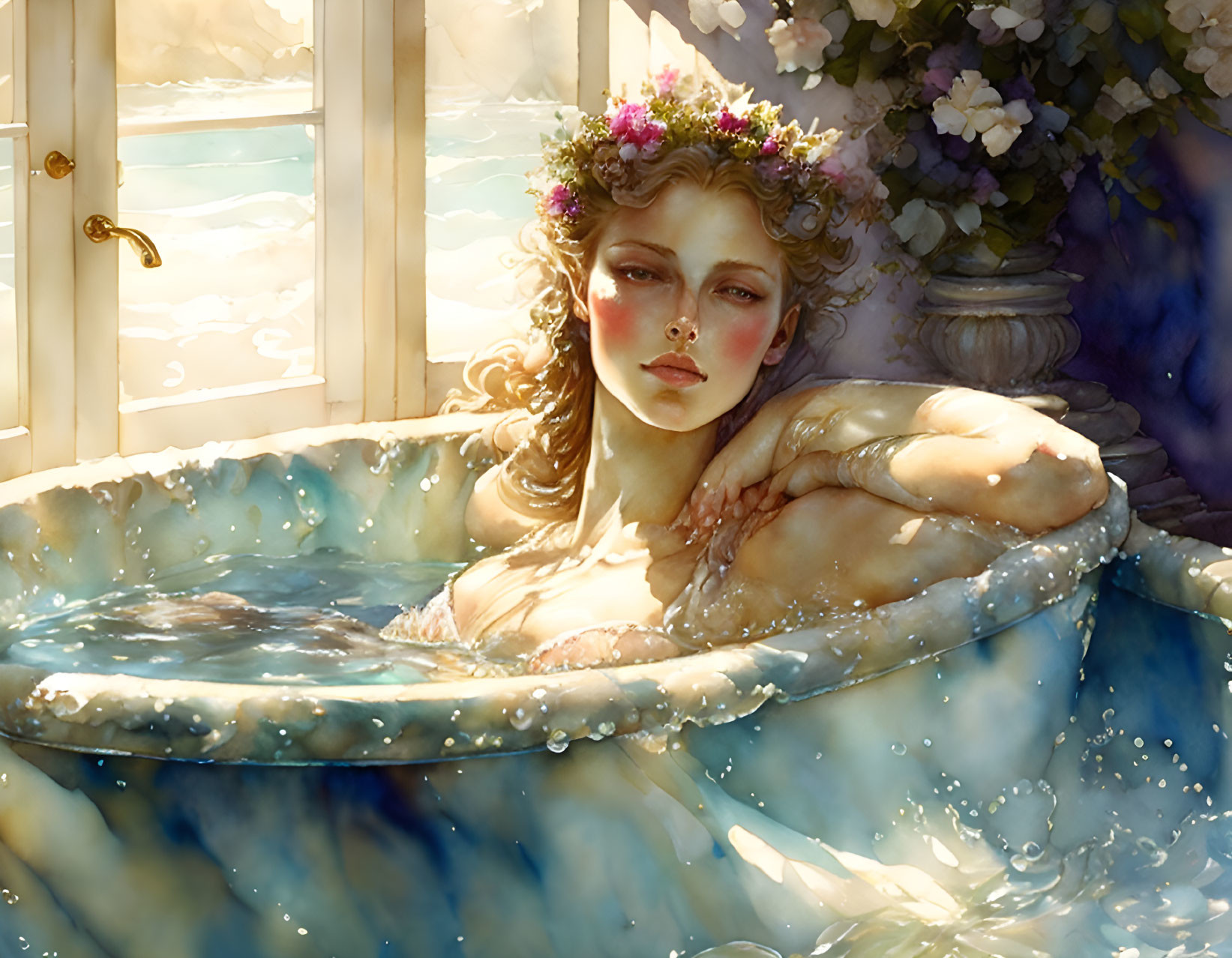 Woman with floral crown in sunlit bathtub surrounded by flowers and bubbles