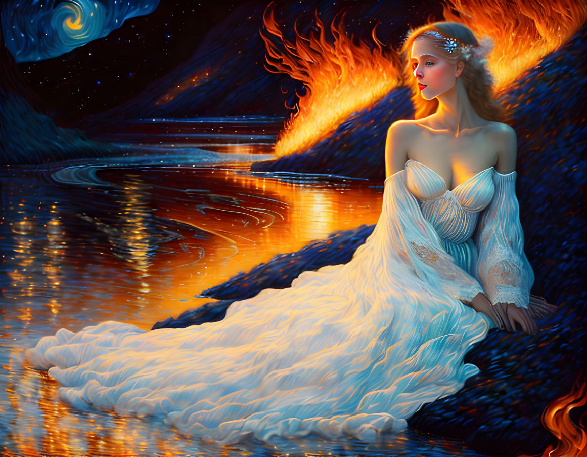 Woman in white dress by fiery river under starry sky with galaxies.