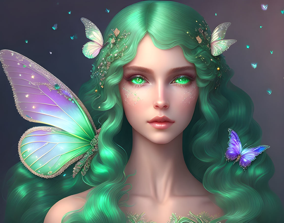 Fantastical portrait of a woman with green hair and butterfly wings