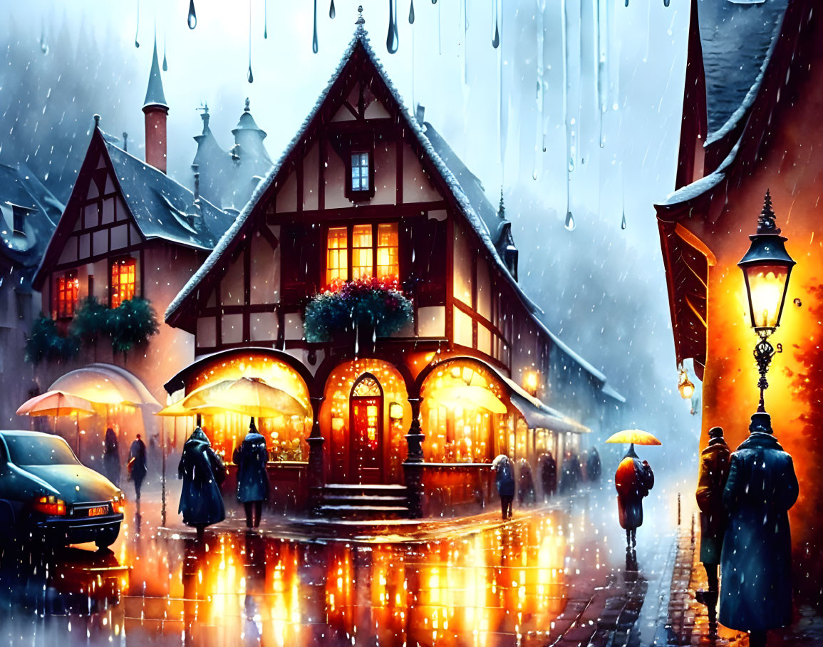 Snowy Night Street Scene: Traditional Houses, Umbrella People, Glowing Lamps