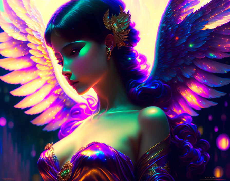 Digital Artwork: Woman with Glowing Angelic Wings in Mystical Purple Ambiance