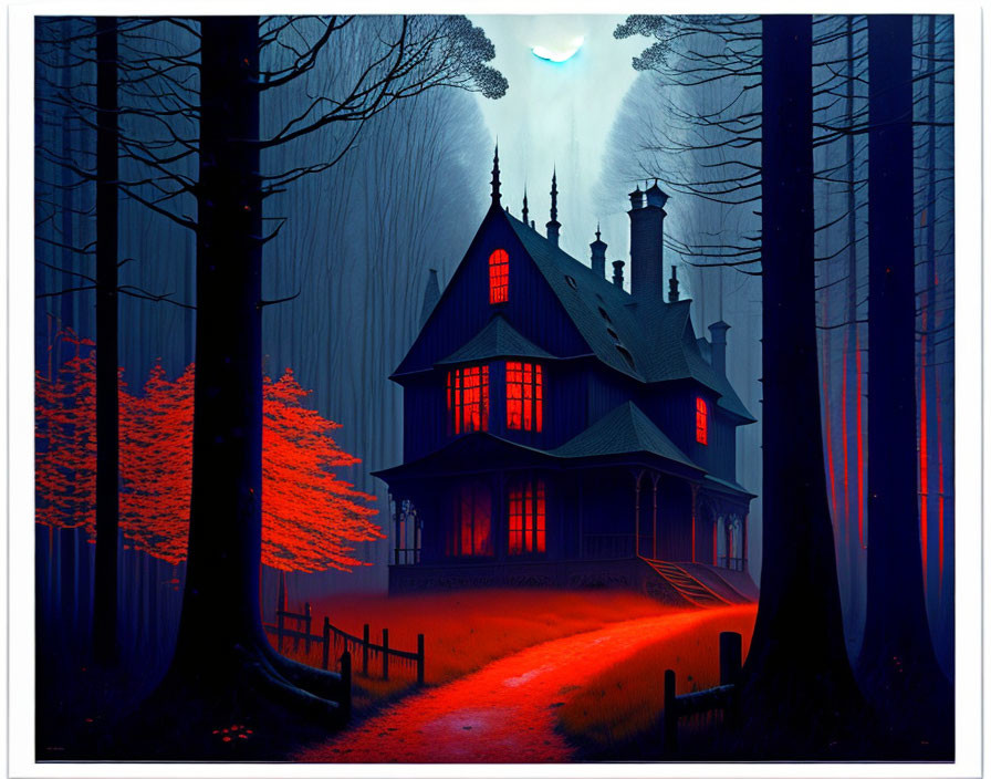 Victorian house with warm lights in dark blue forest at night