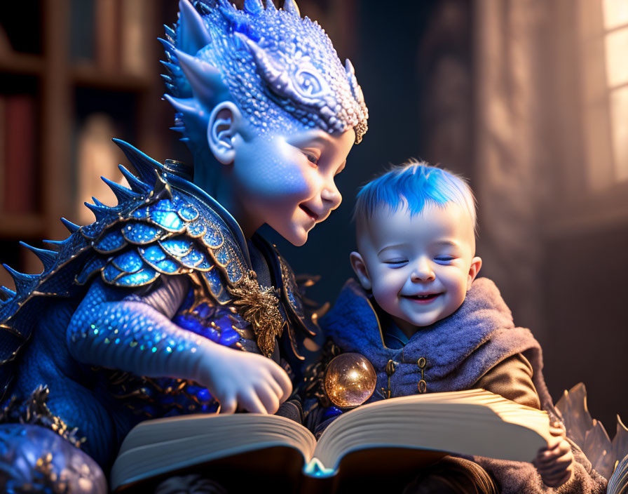 Child and blue-scaled creature reading book in warm light