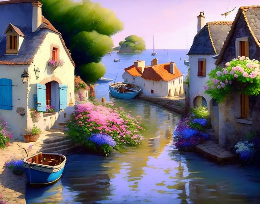 Charming village scene with cobblestone path, flowers, canal, and sea view