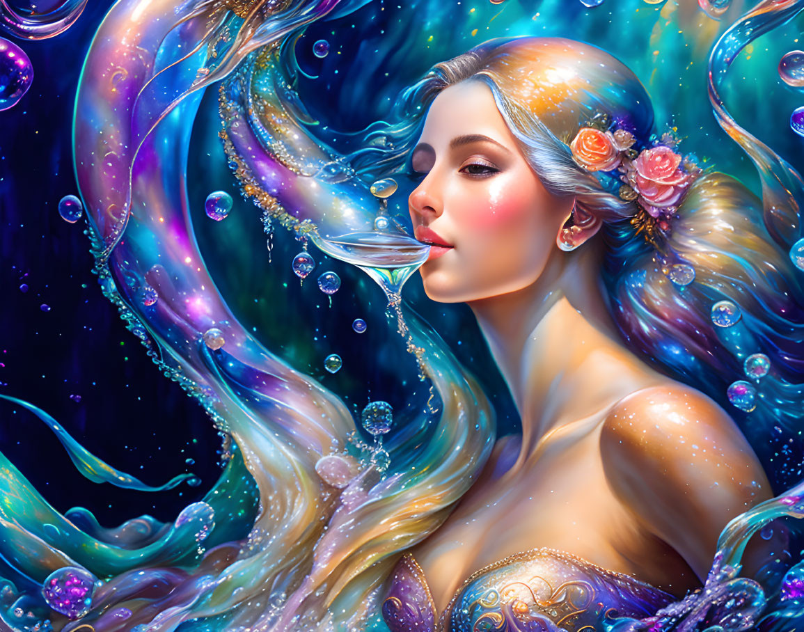 Surreal portrait of a woman with cosmic hair and flowers sipping from a glass