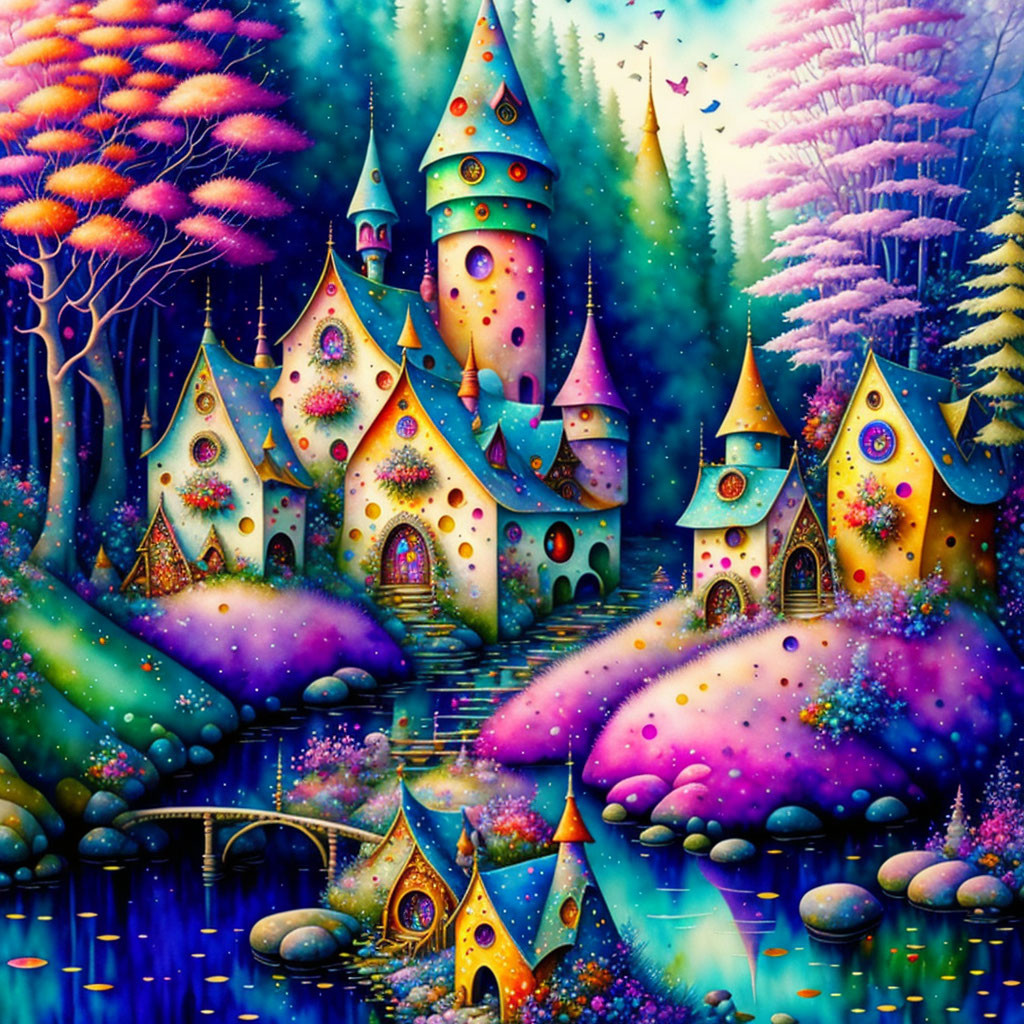 Colorful fantasy landscape with whimsical castles, sparkling river, and starry sky