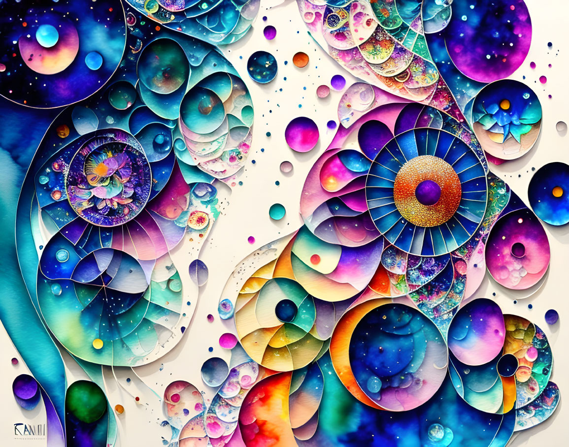 Colorful Abstract Artwork with Swirling Patterns and Cosmic Motifs