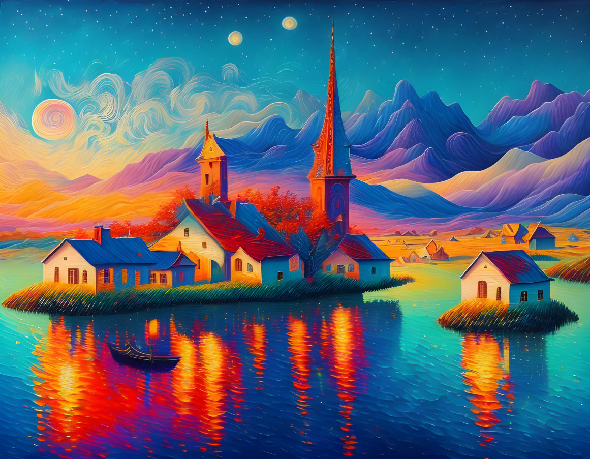 Colorful lakeside village painting with reflective water and starry sky