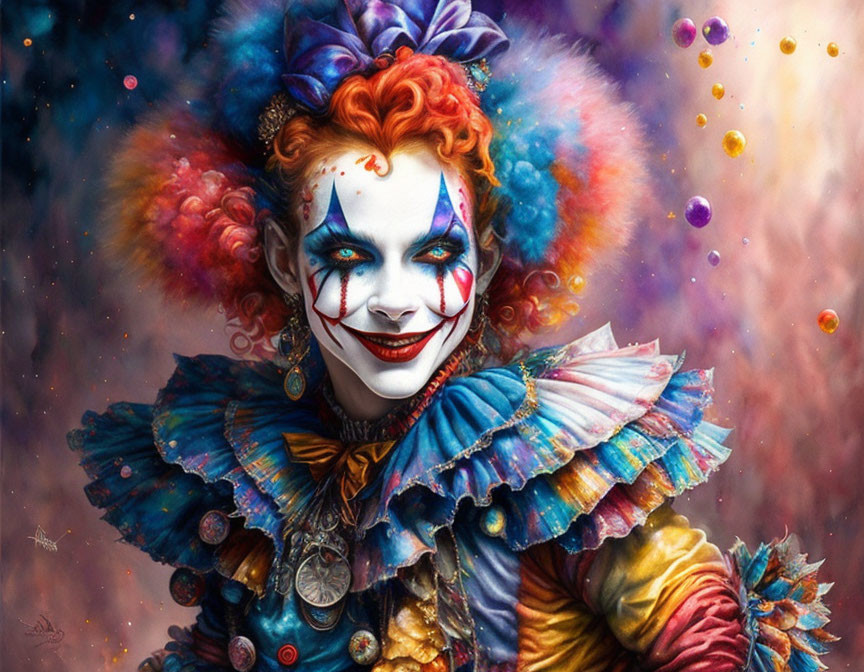 Vibrant portrait of a smiling clown with red hair and whimsical face paint