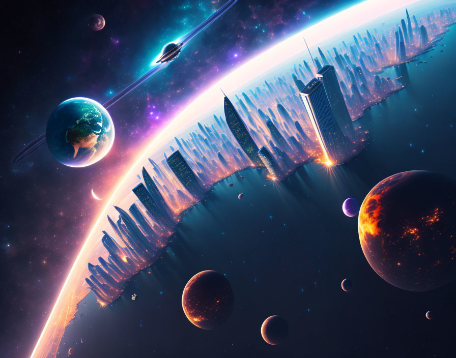 Futuristic sci-fi cityscape with towering skyscrapers and cosmic backdrop